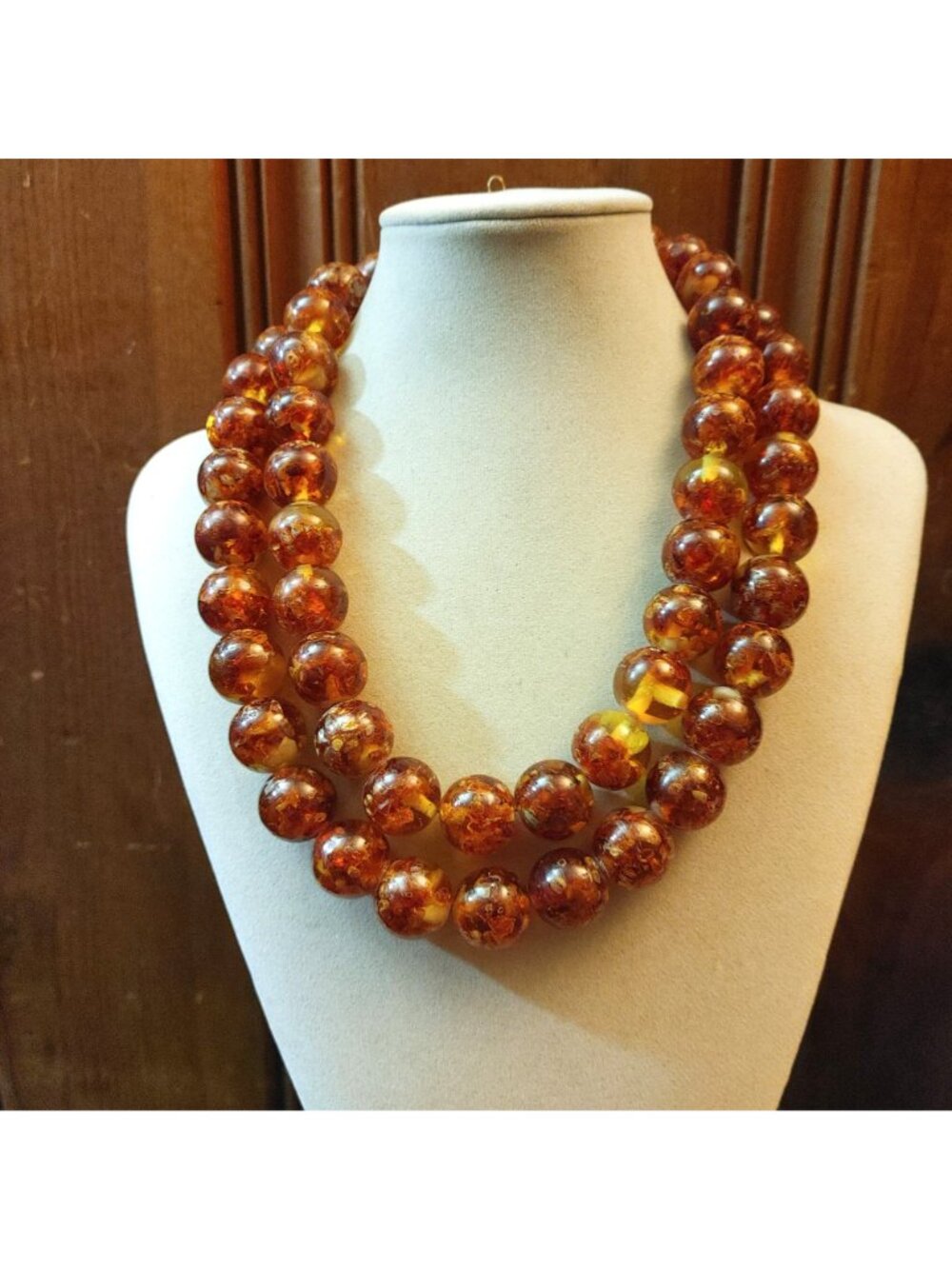 Double Strand Amber Bead Necklace Vintage Sterling Silver Clasp 206g 15mm Beads - Picture 2 of 16